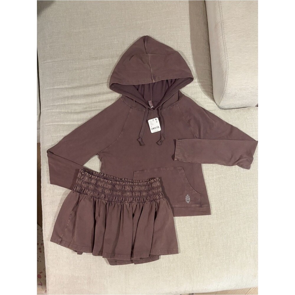 Free People Movement Hot Shot Smocked Skirt Set Hoodie Top Cocoa Medium NEW NWT - Picture 6 of 12